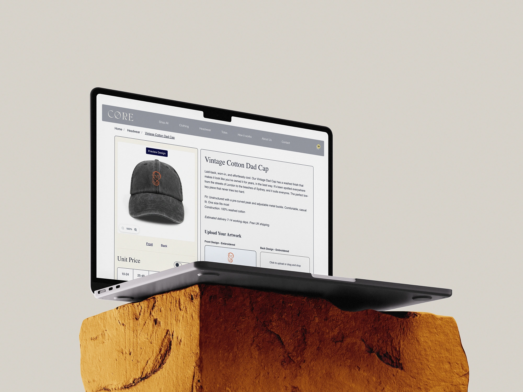 Step 2: Upload your brand logo or artwork to customise your merch featuring a computer mock of ordering platform
